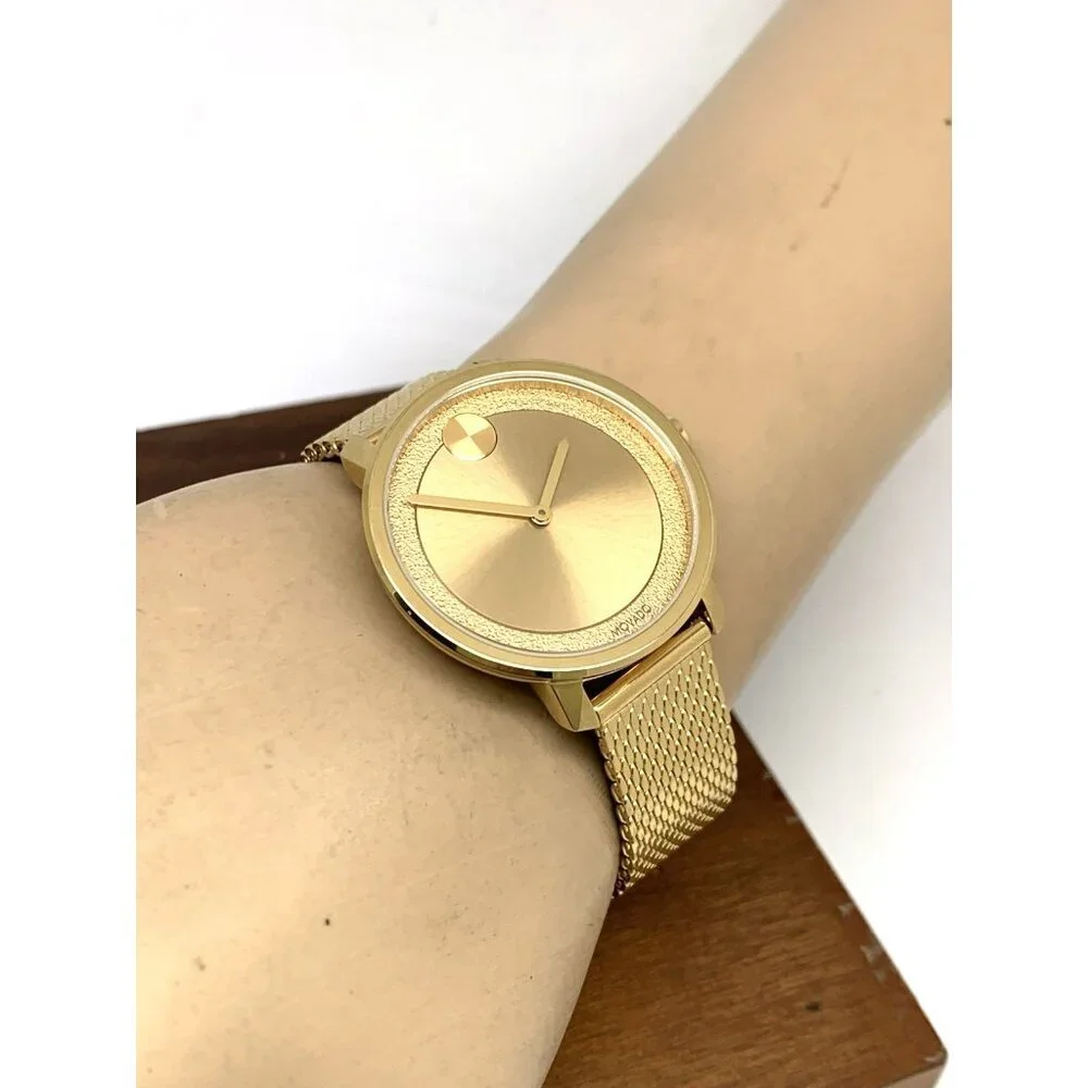 Movado Women's Watch 3600580 Bold Gold Dial Swiss Quartz Steel Mesh Band 34mm